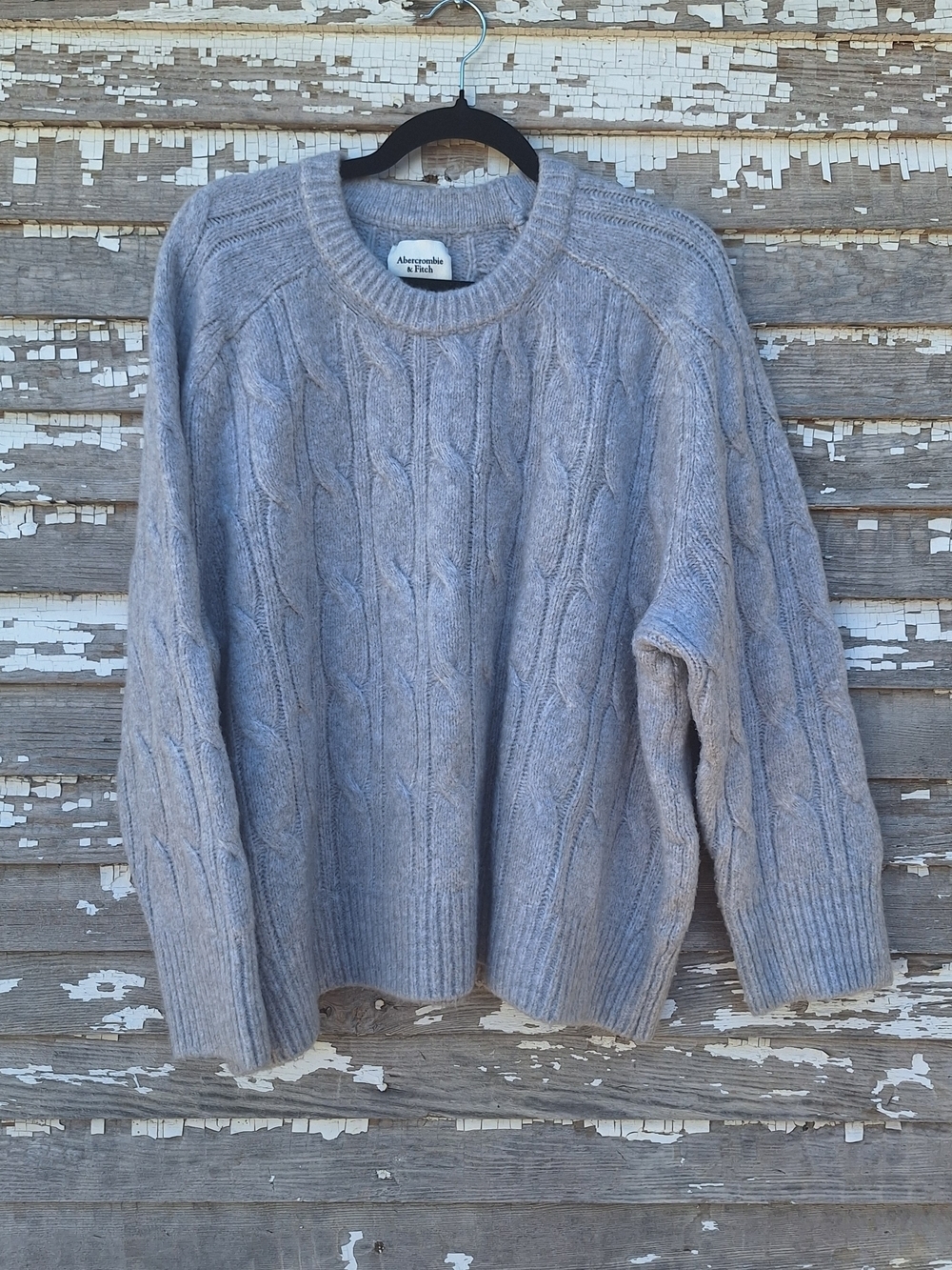 Abercrombie & Fitch Light Heather Gray Cable Knit Crewneck Sweater